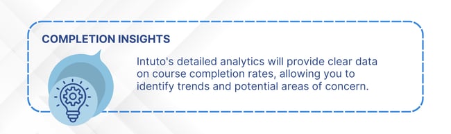 Intutos detailed analytics will provide clear data on course completion rates, allowing you to identify trends and potential areas of concern.