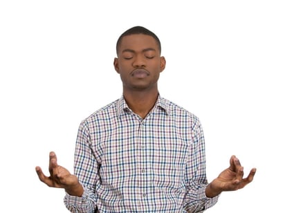 Closeup portrait of handsome young man, eyes closed, in meditation zen mode, isolated on white background. Stress relief techniques concept. Positive human emotions, facial expression sign, feelings